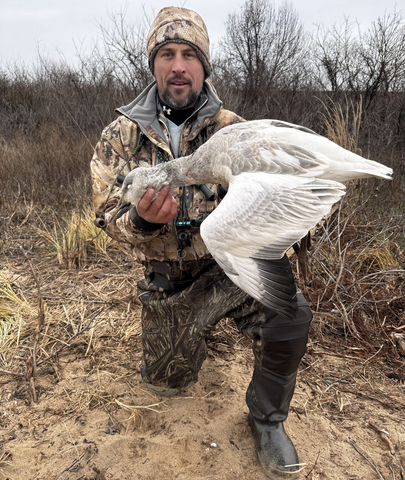 Steve McCartney in the marsh holding a snow goose
