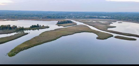 Aerial view of shoals, marsh islands and open water