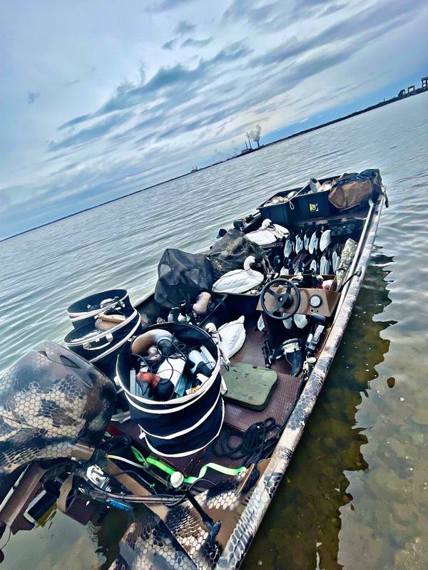 The boat rigged and loaded out for a morning hunt