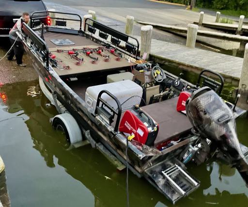 The boat at the ramp, decoys aboard, ready to launch