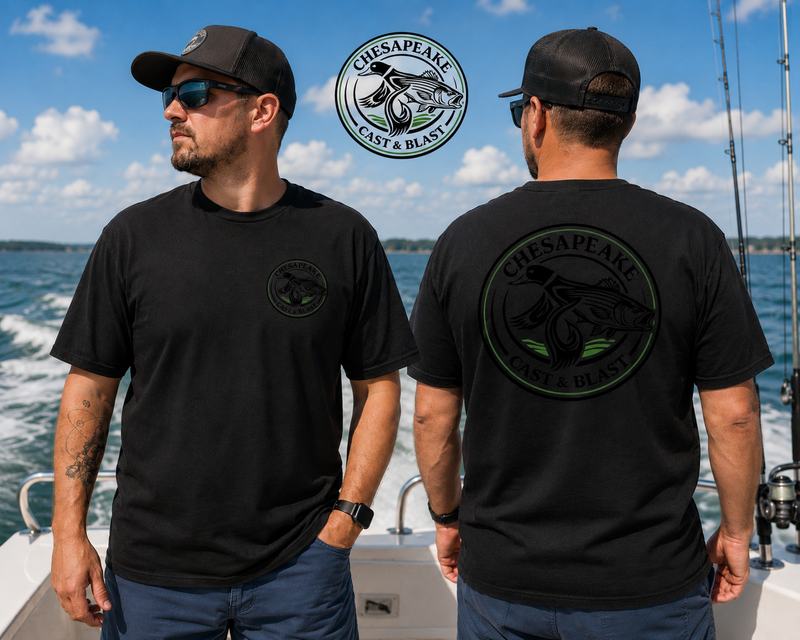 Two guests wearing branded Chesapeake Cast and Blast shirts